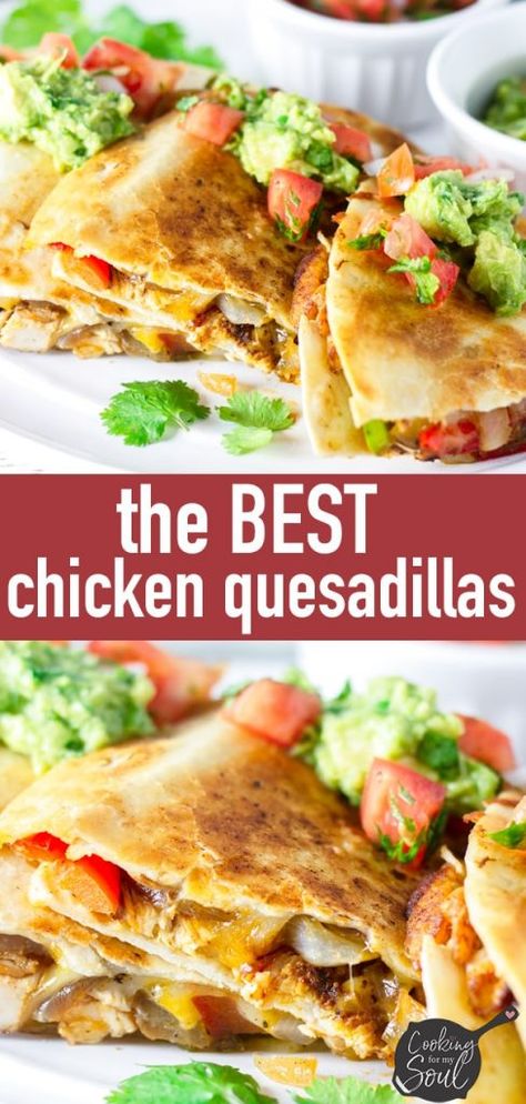 Mexican Chicken Quesadillas! These are the best chicken quesadillas I've ever had. Super flavorful seasoned chicken with fajita vegetables and cheese in between flour tortillas. The perfect meal for family #quesadillas #chickenquesadillas #mexicanquesadillas #quesadillasrecipe #authenticquesadillas #mexicanfood #cookingformysoul | cookingformysoul.com The Best Chicken Quesadillas Recipe, Chicken For Quesadillas How To Season, Chicken Quesadillas Recipes, Chicken Quesadilla Recipe Easy, Food Ideas Mexican, Best Chicken Quesadillas, Quesadillas Chicken, Chicken Quesadillas Recipe, Baby Shower Food Ideas