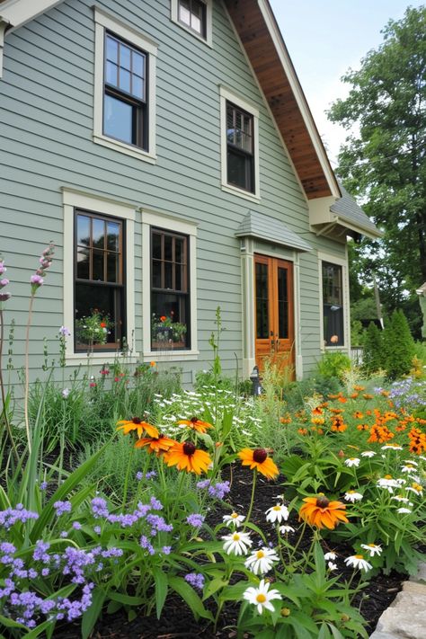 Coloured Houses Exterior, Sage Exterior House, Blue Green Exterior House Colors, Green Home Exterior, Green House Paint, Green House Color, Sage Green House, Craftsman Bungalow Exterior, Craftsman Home Exterior