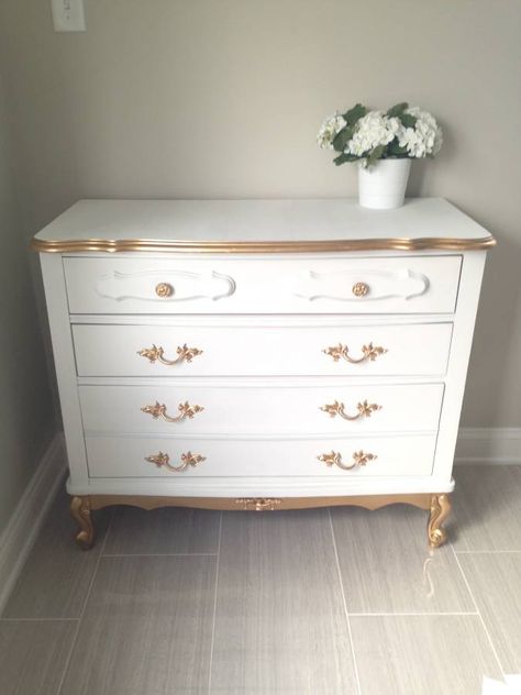 Cream And Gold Furniture, White Furniture Gold Accents, Dresser With Gold Accents, White And Gold Furniture Bedroom, White And Gold Furniture Diy, White And Gold Dresser Bedroom, White And Gold Furniture, White And Gold Painted Furniture, Diy Paint Dresser Ideas White