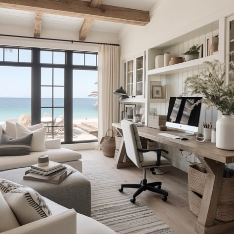 Beach House Home Office, Beach Office Design, California Coastal Interior Design Bedroom, Home Office Beach Style, Nautical Home Office, Beach House Library, Bloxburg Coastal Office Ideas, Serene Home Office, Costal Office Room