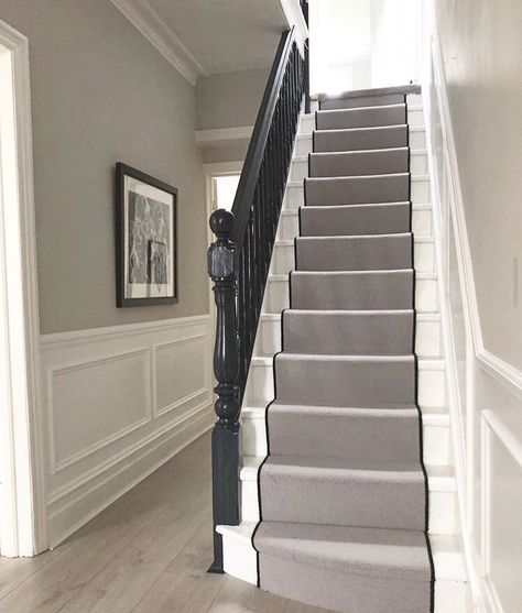 Grey Painted Stairs, Modern Hallways, Edwardian Hallway, Stairs And Hallway Ideas, Hallway Design Ideas, Black And White Stairs, Stair Paneling, Entrance Hall Decor, Staircase Styles