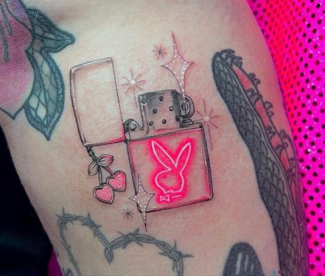 Playboy Lighter, Playboy Bunny Tattoo, Playboy Tattoo, Filler Tattoo Designs, Neon Tattoo, Bunny Tattoo, Gamer Tattoos, Me Tattoo, Pink Tattoo