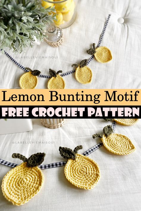 Crochet Lemon Garland, Crochet Lemons Free Pattern, Fall Crochet Bunting, Crochet Spring Garland Free Pattern, Crochet Summer Garland Free Pattern, Crochet Bunting Garland, Crochet Decor Free Pattern, Summer Crochet Garland, Crochet Spring Garland