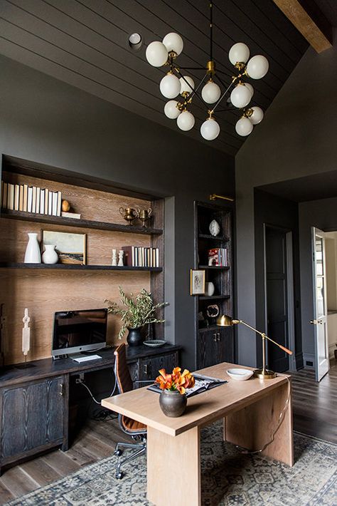 Tall Ceiling Office, Home Office Walnut, Moody Office Inspiration, Dark Moody Office, Charcoal Office, Whittney Parkinson Design, Whittney Parkinson, Moody Office, Office Den