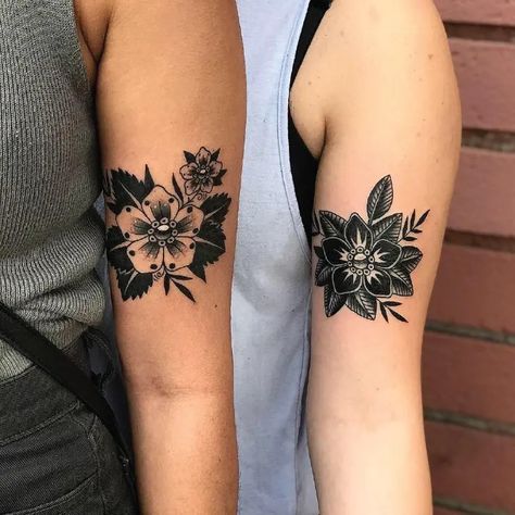 Matching Black Flowers Sisterhood Small Blackwork Tattoo Idea & Design on Women Bicep Matching Black Flowers Sisterhood Tattoo Done At Small Blackwork Tattoo, Frog Tattoos, Matching Tattoo, Idea Design, Black Flowers, Matching Tattoos, Blackwork Tattoo, Tattoo Idea, Blackwork