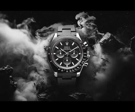 ↑↑↑ Larger size on website 🔸 A black and white image of a Rolex Cosmograph Daytona watch with a black face, silver hands, and a b Black Rubber Band, Daytona Watch, Black Rubber Bands, Rolex Milgauss, Rolex Cosmograph Daytona, Cosmograph Daytona, White Image, Dark Background, Rubber Band