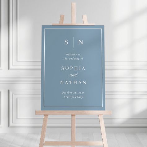 $44.20 | Minimal and Chic | Dusty Blue Wedding Welcome #wedding, welcome, simple, elegant, basic, initials or monogram, traditional classic classy, modern and minimalist, white frame border, light dusty blue White Wedding Signage, Wedding Signage Acrylic, White Welcome Sign, Modern Wedding Welcome Sign, Light Dusty Blue, Signage Acrylic, Elegant Modern Wedding, Dusty Blue Wedding, Welcome Sign Template