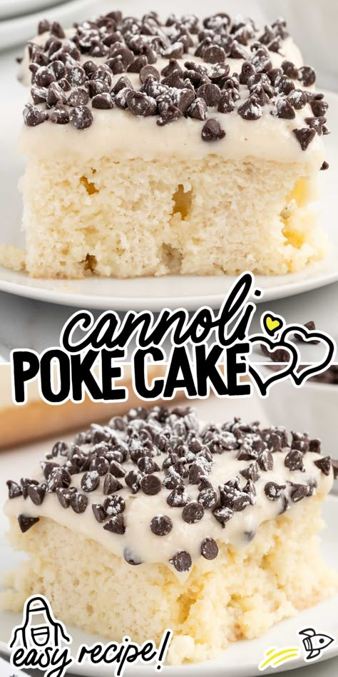 Cannoli Poke Cake Gluten Free Poke Cake, 9x13 Desserts, Cannoli Poke Cake, Cannoli Desserts, Bacon Scallops, Easy Delicious Cakes, Moist White Cake, Cannoli Cake, Air Fryer Bacon