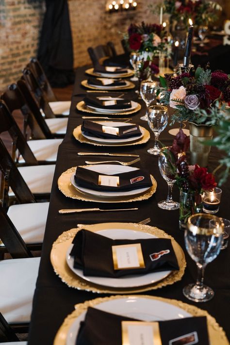 Black Green Gold Burgundy Wedding, Garnet Black Gold Wedding, Black Gold Maroon Wedding Table Settings, Black Burgundy And Gold Wedding Wedding Ceremony Decor, Black White And Burgundy Wedding Table Settings, Burgundy Black And Gold Birthday Party, Black Gold And Burgundy Party Decor, Burgundy And Black Wedding Decorations, Burgundy Black And Gold Wedding