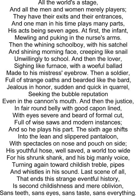 All the World's a Stage, from  As You Like It , by William Shakespeare As You Like It Shakespeare Quotes, All The World's A Stage Quote, All The Worlds A Stage, Shakespeare Sonnets, Ages Of Man, As You Like It, Shakespeare Quotes, F Scott Fitzgerald, Cs Lewis
