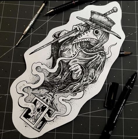 Witch Doctor Tattoo Design, Spooky Sleeve Tattoo Men, Plague Doctor Tattoo Sleeve, Plague Doctor Tattoo Realism, Plauge Doctor Tattoo Neotraditional, Plague Doctor Drawings, Pleg Doctor Tattoos, Plague Doctor Tattoos, Plague Doctor Tattoo Creepy