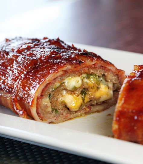 Bacon-Wrapped Stuffed Sausage Fatty Recipe - Smoke a Big Fatty Bacon Wrapped Breakfast, Breakfast Fatty, Stuffed Sausage, Bacon Wrapped Sausages, Meat Roll, Cooking Pork, Breakfast Favorites, Jalapeno Pepper, Smoked Food