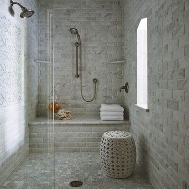 Bathroom Windows In Shower, Walk In Shower With Bench, Shower Benches, Shower Remodel Diy, Shower Tiles, Walk In Shower Designs, Window In Shower, Bathroom White, Tiles Ideas