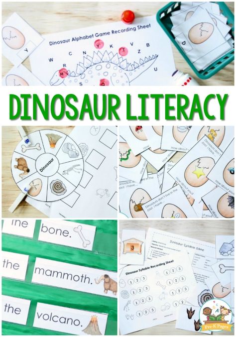 Dinosaur Literacy Activities for Preschool. Syllables, letter identification, rhyming, concepts of print and more! #preschool Dinosaur Literacy Activities, Pre K Lesson Plans, Dinosaur Theme Preschool, Pre K Classroom, Math Literacy Activities, Concepts Of Print, Literacy Activities Preschool, Emergent Literacy, Pre K Pages