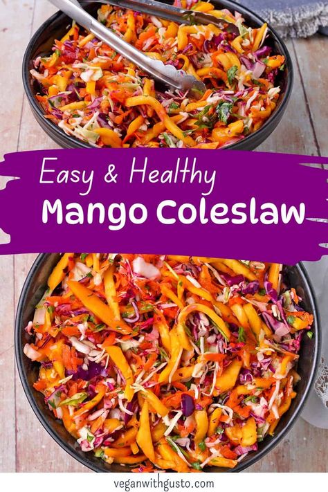 This delicious and easy mango coleslaw recipe can be made with fresh or frozen mangos and green or red cabbage (or a mix). The flavors of cilantro and lime highlight the crunchy cabbage and sweet mangos for a zesty side salad that’s perfect for summer barbecues or as a taco topper. This healthy recipe is naturally vegan, gluten-free, low fat, and takes minutes to make. Mango Coleslaw, Vegan Slaw, Normal Meals, Mango Slaw, Vegan Coleslaw, Carrot Slaw, Slaw Recipes, Coleslaw Recipe, Cabbage Slaw