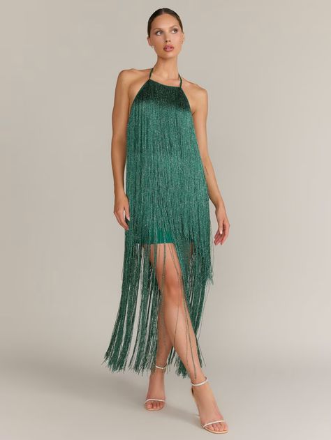 Halter Neck Fringe Maxi Dress - Fore Collection | New York & Company The Drama, Metallic Accents, Dress Brands, Halter Neck, Green Dress, Checks, Perfect Fit, Drama, Maxi Dress