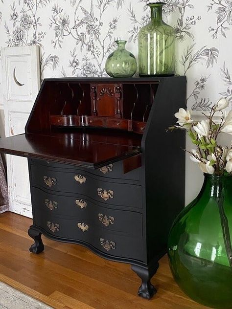 Secretary Desk Refinishing Ideas, Repurposed Writing Desk, Secretary Desk Painted, Secretary Desk Vintage, Redo Secretary Desk, Painted Secretary Desks Ideas Colors, Refinished Secretary Desk Ideas, Black Secretary Desk, Refinished Secretary Desk