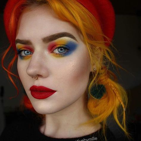 These eyes created with MEHRON’s Grease Paints.... don’t limit yourself, she didn’t!!! #mehrongirl @letsbecreativebymille This look is inspired by my @mingalondon pants that I just love! I love the primary colours in them and wanted to do something extremely colourful on my eyes so here you go! Thank you for all the love on This look so far❤️ Products Used: EYES: @mehronmakeup / @mehronuk Grease Paints in Yellow, White and Blue with @sugarpill Eyeshadows in ButterCupca... Red Hair Blue Eyeshadow, Red And Yellow Eyeshadow, Red Yellow Blue Eyeshadow, Blue Purple Orange Eyeshadow, Red Orange Yellow Eyeshadow, Mehron Makeup, Eyes Lips Face, Human Canvas, Woman Painting