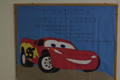 Cars Bulletin board for the start of a new semester Disney Cars Classroom Theme, Cars Bulletin Board Ideas, Cars Classroom Theme, Movie Bulletin Boards, Disney Bulletin Boards, Hall Themes, Rez Life, Ra Decorations, Ra Door Tags