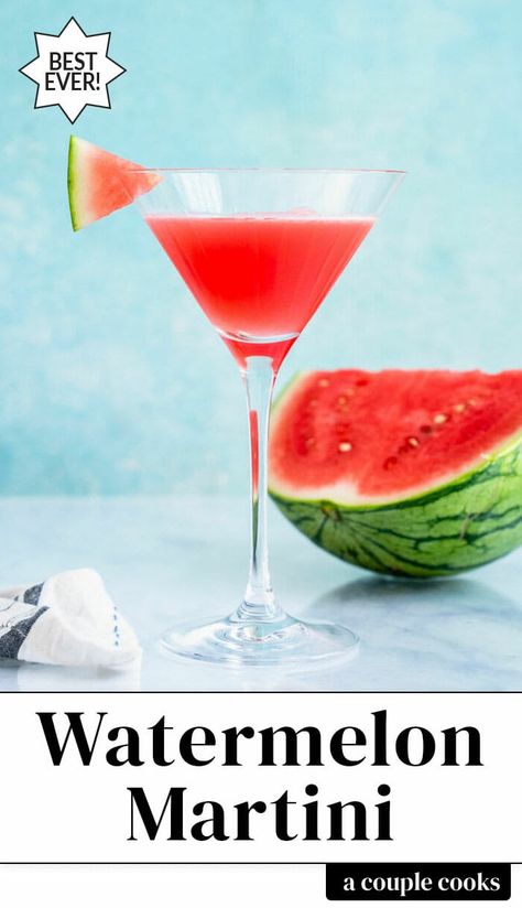 The watermelon martini tastes like summer! This festive vodka cocktail is easy to make and full of refreshing sweet flavor. #watermelon #martini #watermelonmartini #watermelondrink #flavoredmartini Watermelon Martini, Perfect Watermelon, Martini Recipes Vodka, Summer Vodka Cocktails, Watermelon Wedge, Watermelon Cocktail, A Couple Cooks, Watermelon Drink, Mint Simple Syrup