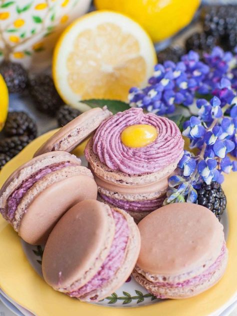 Blackberry Lemon Lavender Macarons (video) Grape Macarons, Flavored Macarons, Edible Lavender, Blackberry Lemon, Lavender Macarons, Lemon Macarons, Lavender Cookies, French Macarons Recipe, Powdered Food Coloring