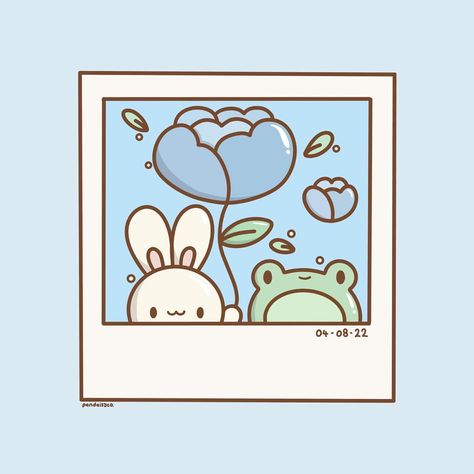 Illustration of a Polaroid containing a bunny holding a flower and a frog. Polaroid Pictures Craft, Polaroid Cute Drawing, Cute Card Drawing Ideas, Cute Card Doodles, Cute Polaroid Drawings, Cute Kawaii Paintings, Polaroid Pictures Drawing, Polaroid Picture Drawing, Drawing Card Ideas