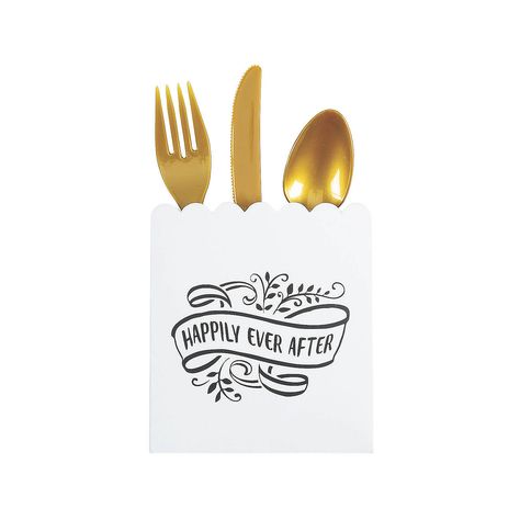 Happily Ever After Scalloped Cutlery Holders - 50 Ct. - OrientalTrading.com Utensil Holder For Wedding Reception, Wedding Reception Table Settings, Reception Table Settings, Plastic Champagne Flutes, Cricut Wedding, Wedding Projects, Cutlery Holder, Bachelorette Party Themes, Wedding Reception Tables