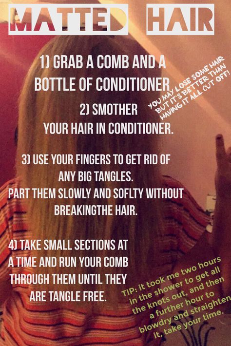 How to get rid of severely matted or tangled hair! How To Get Rid Of Tangles In Hair, How To Untangle Matted Hair, Tangled Hair Remedy, Matted Hair Remedies, How To Detangle Matted Hair, How To Apply Conditioner, Detangle Curly Hair, Real Life Rapunzel, Hair Mask Recipe