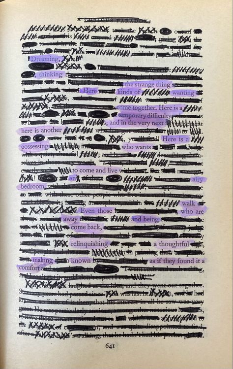 Book page with most text crossed off and some text highlighted in purple to create a poem. Poems About Dreams, Erasure Poetry, Digital Poetry, Book Poetry, Understanding Dreams, Found Poetry, Airy Bedroom, Empty Words, Dream Diary