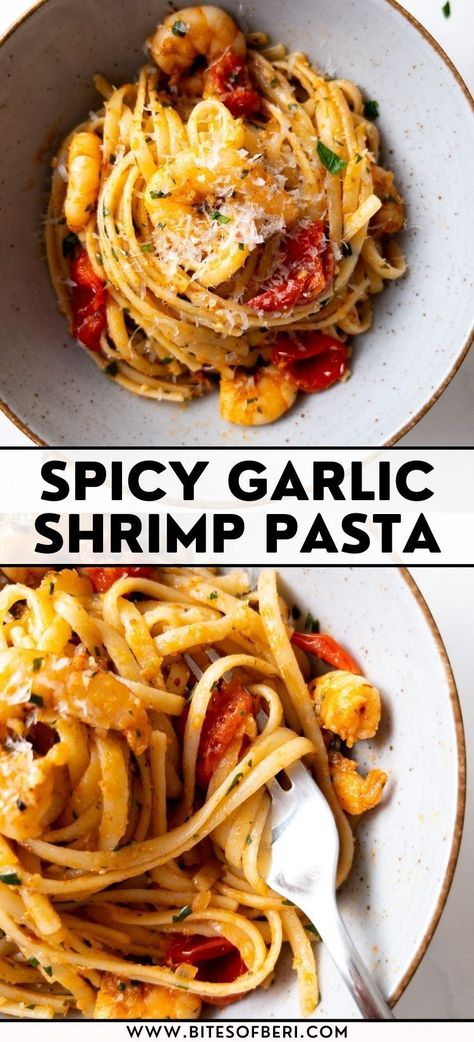 This spicy garlic shrimp pasta perfectly combines delicious linguine, juicy seared shrimp, blistered cherry tomatoes, and a garlicky and spicy pasta sauce made with olive oil. It has quickly become one of my favorites and is a total must-make for all pasta lovers! Shrimp Linguine Recipe, Spicy Pasta Sauce, Blistered Cherry Tomatoes, Spicy Shrimp Pasta, Seared Shrimp, Spicy Garlic Shrimp, Healthy Pasta Dishes, Linguine Recipes, Garlic Shrimp Pasta