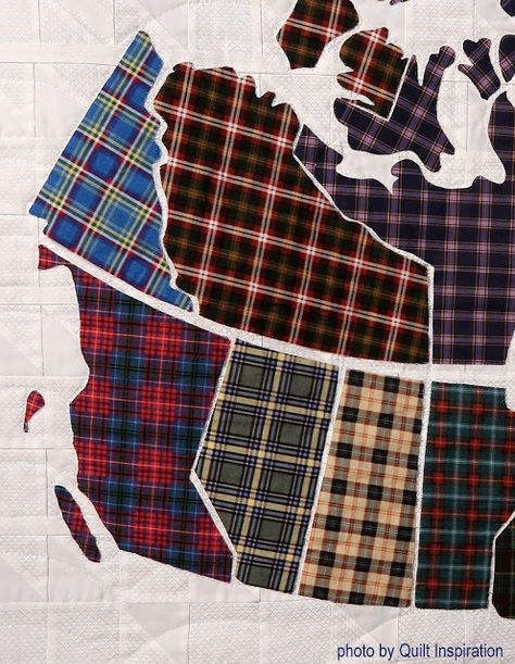 Canadian Tartan by Rebecca McAlpine (Oakville, Ontario, Canada). Closeup photo by Quilt Inspiration. Scottish Quilts, Nine Patch Quilts, Canada Quilt, Map Quilt Pattern, Maple Leaf Template, Map Quilts, Canadian Quilts, Tartan Quilt, Leaf Templates