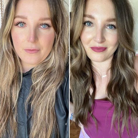 Ashley Moehring on Instagram: "If this doesn’t prove that hair color matters, I don’t know what does! My hair in the before picture wasn’t ‘bad’, it was just very faded and brassy from the sun (and well water 🥴). I put a demi permanent gloss on about a week ago and took a picture in front of the same window around the exact same time of day. Look at the difference in my complexion! Hair color in the right tone + one of my best colors+lipstick = instant confidence booster✔️ P.S.- If any of you a Demi Permanent, Well Water, Dark Blonde Hair, Water Well, Time Of Day, Dark Blonde, Color Analysis, Color Inspo, Hair Inspo Color