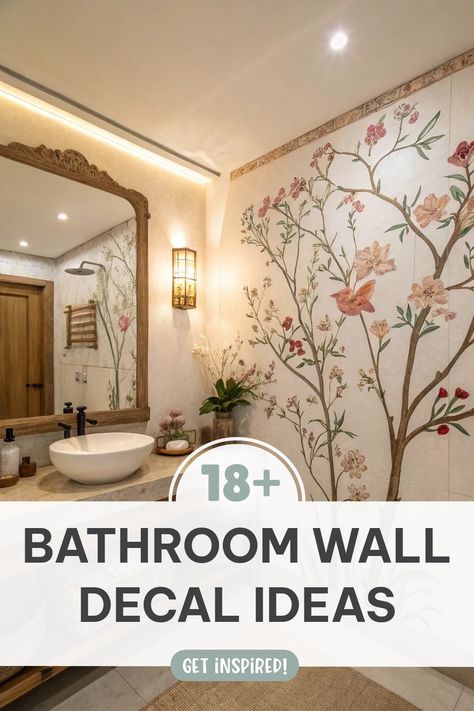 Click for More ➡️ | Save for Later ❤️ | Bathroom Wall Decal Ideas: Add floral elegance for a serene bathroom retreat. Bathroom Long Wall Decor, Cricut Projects Bathroom Vinyl Decals, Bathroom Murals Ideas, Flower Bathroom Ideas, Easy Bathroom Wall Ideas, Bathroom Wall Sticker Ideas, Bathroom Wall Decal Ideas, Restroom Wall Decor Ideas, Large Bathroom Wall Decor Ideas