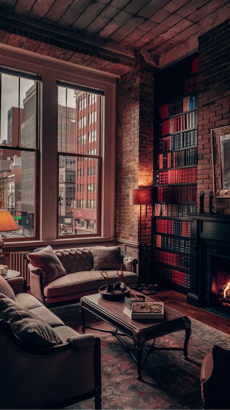 Stylish New York Living Room Design New York Loft Aesthetic, Cozy New York Apartment, New York Living Room, Loft Aesthetic, New York Living, New York Loft, Whimsical Home, Chic Aesthetic, New York Apartment