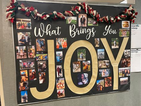 Work Picture Board Ideas, Picture Wall Ideas Office Work Spaces, What Brings You Joy Bulletin Board, Joy Bulletin Board, Family Bulletin Board, Office Bulletin Board Ideas, Operation Shoebox, Office Bulletin Boards, Office Boards