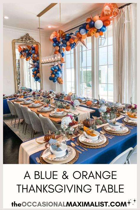 Get inspired to create a beautiful blue and orange Thanksgiving table. Orange And Blue Theme Party, Blue Orange Thanksgiving Table, Orange Blue Table Decor, Navy Thanksgiving Decor, Blue And Orange Thanksgiving Table Settings, Navy Blue Thanksgiving Table, Blue And Orange Table Setting, Teal And Orange Thanksgiving Table, Turquoise And Orange Thanksgiving Table