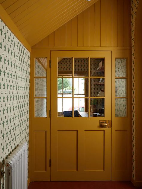 Yellow Wall Office Ideas, Yellow Wallpaper Interior Design, Mustard Wainscoting, Mustard Yellow Entryway, Mustard Room Ideas, Mustard Yellow Hallway, Yellow Paint Bedroom, Mustard Hallway, Mustard Paint Color Walls