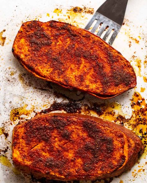 Making Roasted sweet potato steaks Sweet Potato Steak, Chilli Toppings, Sweet Potato Tahini, Sweet Potato Sauce, Tin Eats, Middle Eastern Style, Sweet Potato Recipe, Tahini Paste, Roasted Sweet Potato