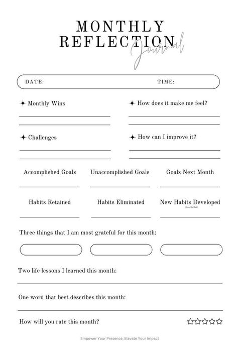 Introducing our Monthly Reflection Journal Printable Sheet--an invaluable tool designed to enrich your personal growth journey. This comprehensive sheet provides a structured space for introspection, fostering self-awareness and resilience. Monthly Reflection Categories: 1. Monthly Wins:    Acknowledge your triumphs, no matter how small. Celebrate achievements to build positive momentum. 2. How Does It Make You Feel:    Reflect on the emotional impact of your experiences, connecting with your in How To Reflect, Month Reflection Journal, Monthly Journaling, Reflection Journaling, Monthly Recap, Monthly Reflection, Growth Journal, Reflection Journal, Mental Health Activities