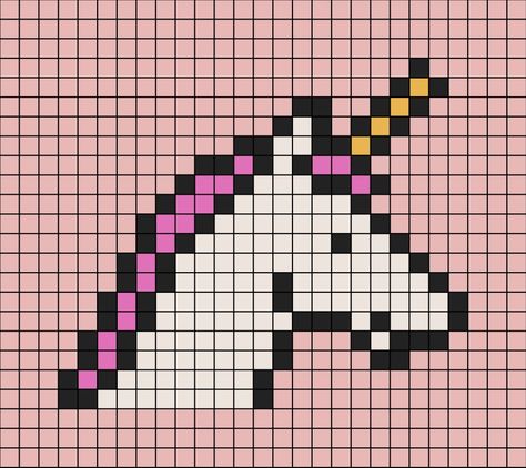 A pixel art template of a unicorn's side profile (face). It is in the colours of pink, white and a golden-ish horn. Unicorn Bead Pattern, Unicorn Pixel Art, Paintings Acrylic, Easy Pixel Art, Colorful Paintings Acrylic, Pixel Art Grid, Bead Pattern, Perler Bead Patterns, Perler Bead