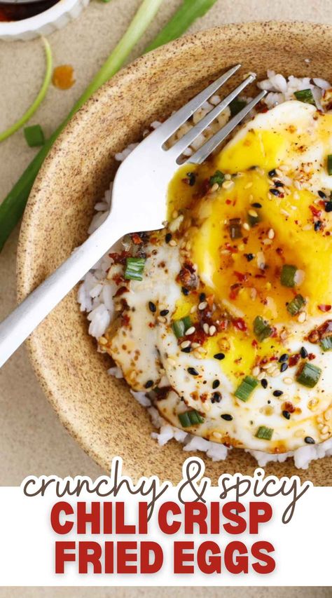 Chili Crisp Fried Eggs Fried Egg Recipes, Chili Fries, Dorm Food, Cajun Butter, Ways To Cook Eggs, Paleo Chili, Chili Crisp, Marinated Olives, Easy Chili