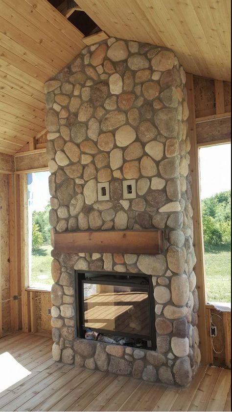 River Rock Fireplace, River Rock Fireplaces, Rock Fireplace, Lake House Interior, Oak Trim, Rock Fireplaces, House Property, Fireplace Remodel, Painted Floors