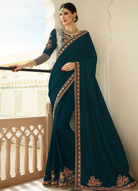 Dark Blue Embroidered Saree  #sarees #embroideredsarees #weddingwearsarees #wedding #sari #ethnic #ethnicwear #indianethnicwear  #Cbazaar #StayStylishStayEthnoVogue Wedding Sarees Online, Wedding Saree Collection, Indian Saree Blouse, Bollywood Outfits, Wedding Saree Indian, Casual Saree, Stylish Sarees, Saree Look, Fancy Sarees