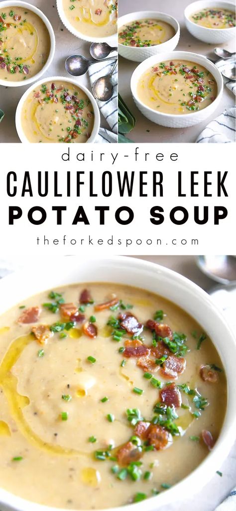 Cauliflower Leek and Potato Soup (Dairy-Free). Leek and Potato Soup, made with healthy vegetables and creamy potatoes, is rich and comforting without the need for heavy creams or butter. Perfect for lunch, dinner, or served as an easy holiday starter, you'll love this healthy, dairy-free cauliflower leek and potato soup recipe. #ad #dairyfree #walnutmilk #potatoleeksoup Cauliflower Bacon Soup, Soup For Lunch, Easy Holiday Side Dishes, Leek And Potato Soup, Creamy Potatoes, Leek And Potato, Holiday Side Dish, Comforting Soup, Potato Leek Soup