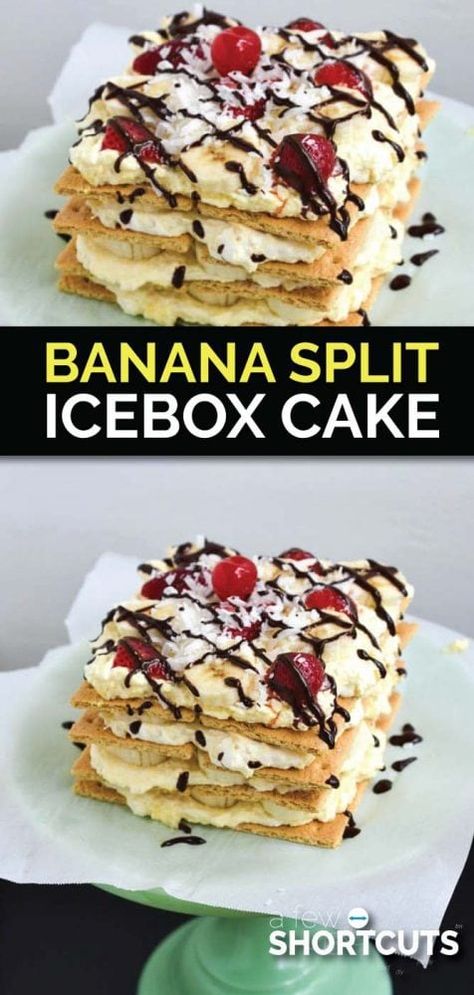 Banana Split Icebox Cake Recipe, Icebox Cakes, Box Cakes, Icebox Cake Recipes, Layered Dessert, Thrifty Thursday, Fruit Salads, Tasty Foods, Easy No Bake Desserts