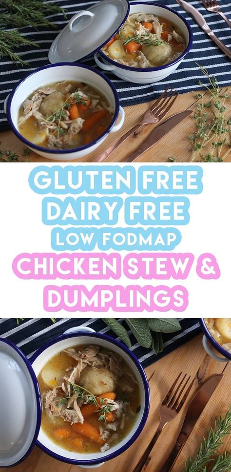 Here's my gluten free stew and dumplings recipe. It's dairy free and low FODMAP too and is super quick to prepare in a pressure cooker. Gluten Free Stew, Fodmap Soups, Chicken Stew And Dumplings, April Recipes, Instapot Ideas, Fodmap Meals, Gluten Free Dumplings, Fodmap Chicken, Low Fodmap Chicken