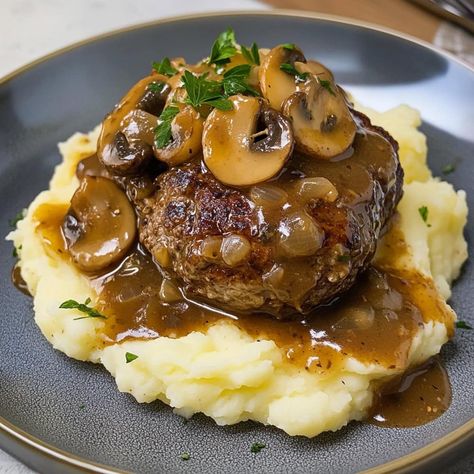 Hamburger Steak - Insanely Good Recipe For Hamburger Steak, Hamburger Steak In Oven, Hamburger Steak With Brown Gravy, Hamburger Steak With Onion Gravy, Hamburger Steaks With Onion Gravy, Hamburger Steak Recipes, Hamburger Steaks, Steak In Oven, Dinner For 2