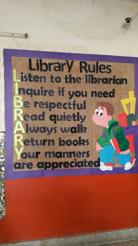 Library Entrance Ideas, Library Notice Board Ideas, Teacher Wishlist, School Library Activities, School Library Bulletin Boards, Back To School Displays, Library Rules, Library Corner, Teacher Wish List