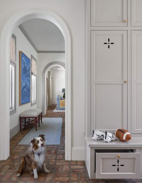 Mother In Law Room, Mudroom Office, Red Brick Pavers, Jenkins Interiors, Transitional Laundry Room, Mudroom Cabinets, Mudroom Flooring, Shoe Drawer, Kate Marker Interiors