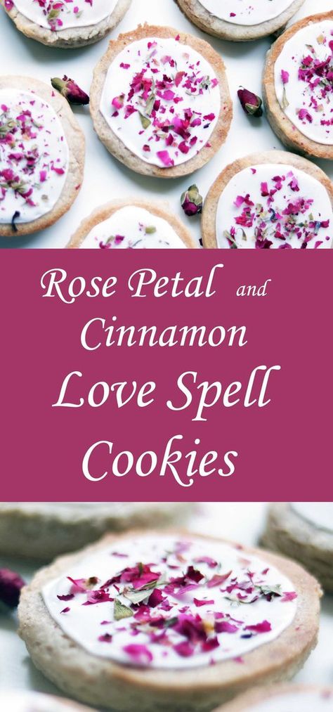 Love Spell Cinnamon & Rose Petal Cookies - Moody Moons Rose Flavored Desserts, Witchy Cookies, Witchy Bakery, Spell Cookies, Witch Cafe, Witchy Recipes, Spell Ingredients, Spelt Recipes, Cute Recipes